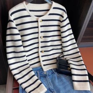 Women Stripe Knitted Cardigans Spring Autumn O-neck Single Breasted Long Sleeve Crop Tops Fashion Casual Chic Female Sweaters