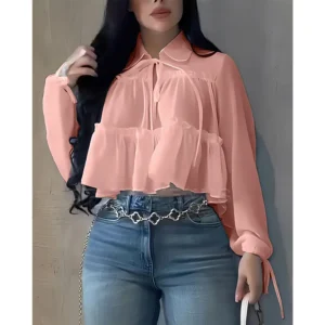 Women's Flowy Chiffon Shirt Long Sleeve Ruffle Detail Loose Fit Blouse Casual Everyday Tops for Women  Spring