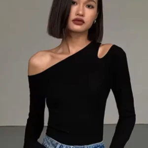 Fashion Skew Collar Off-shoulder Long-sleeved T-shirts Women Spring New Solid Slim Fit Crop Top Sexy Hollow Out Tees Shirts